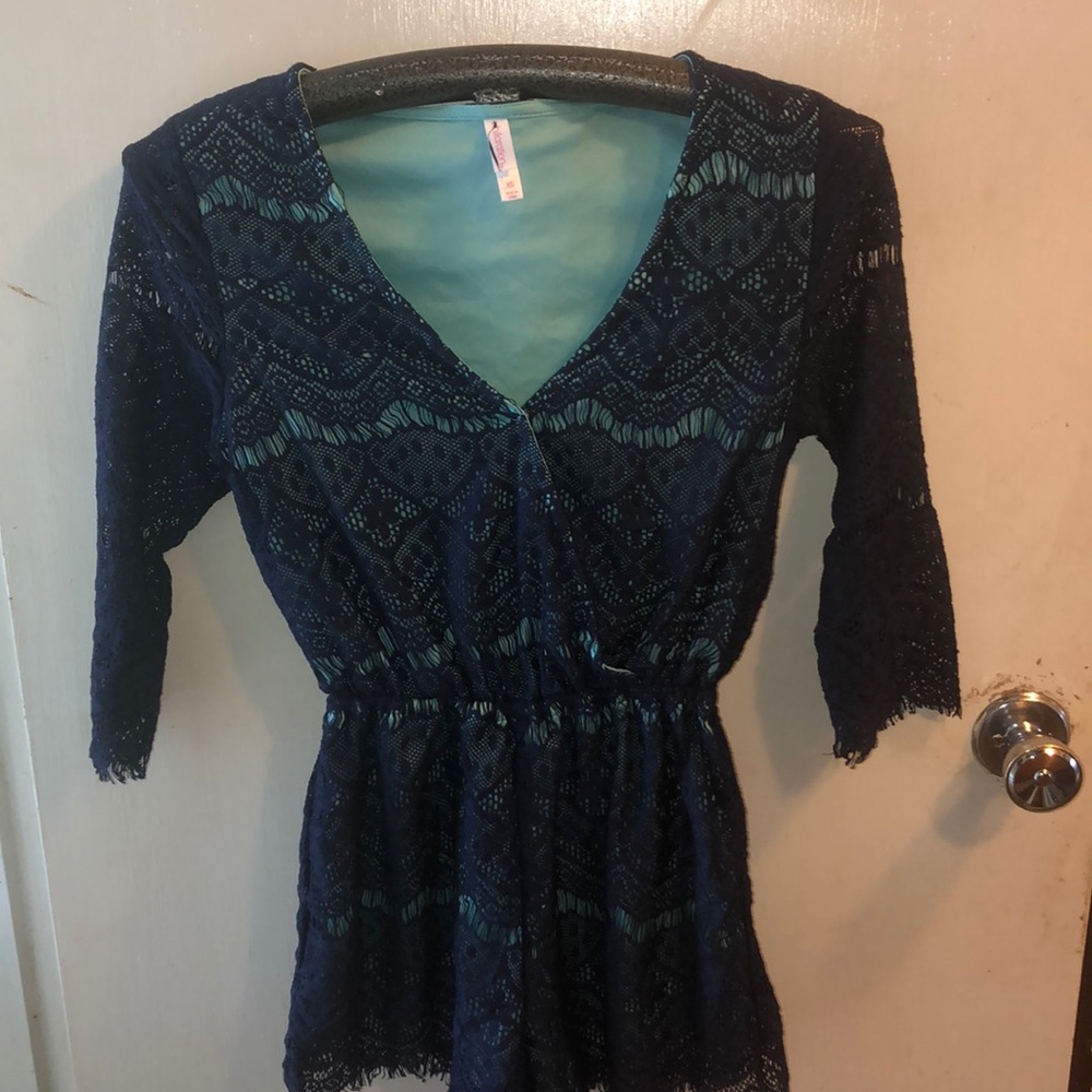 Navy 3/4 sleeve lace romper